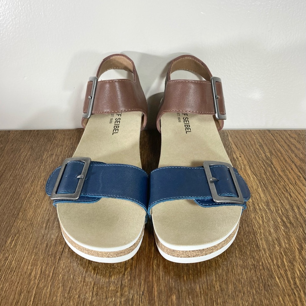 New Josef Seibel Quinn 02 Leather Buckle Wedge Women’s Size 7-7.5 Ocean/Camel - Picture 3 of 10